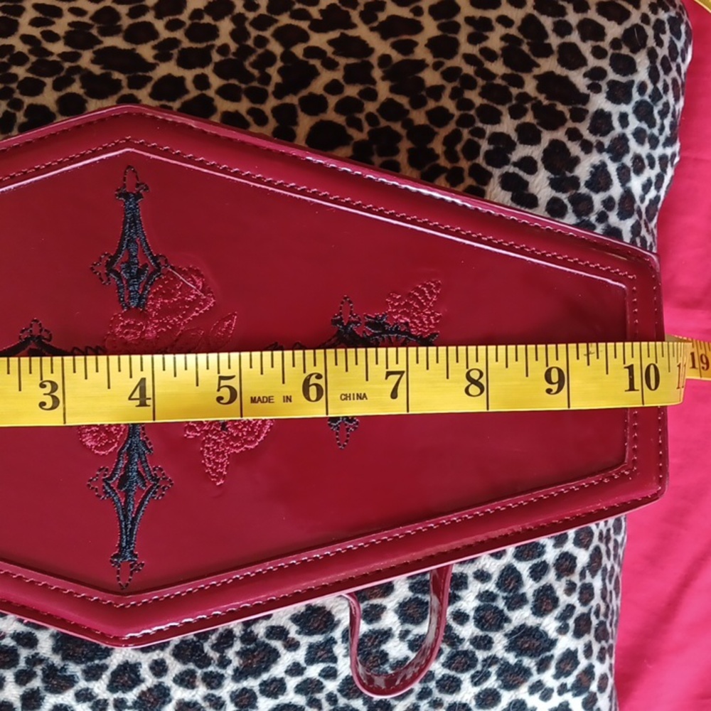 NWT Red coffin makeup or small purse black embroidery of cross,double zippers - Picture 6 of 8